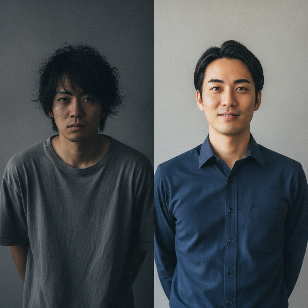 左：猫背・無造作ヘアの男性。右：同じ男性が整えられた服装・自信ある立ち姿に変化