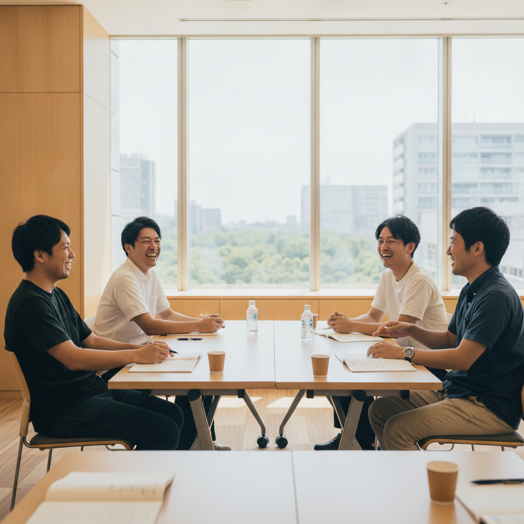 男性4人が参加するMOTE LABの合宿・ワークショップ風景