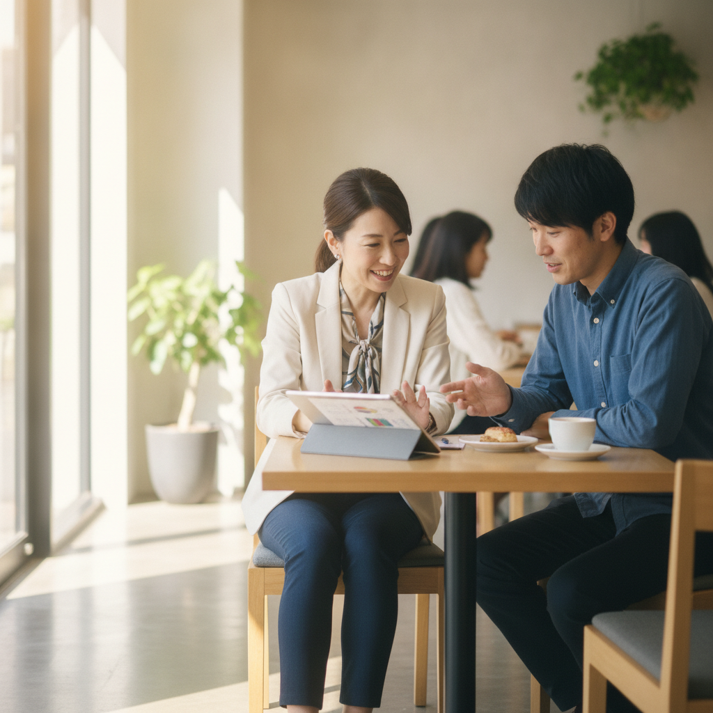 女性トレーナーがカフェでタブレットを見せながらフィードバックしている様子