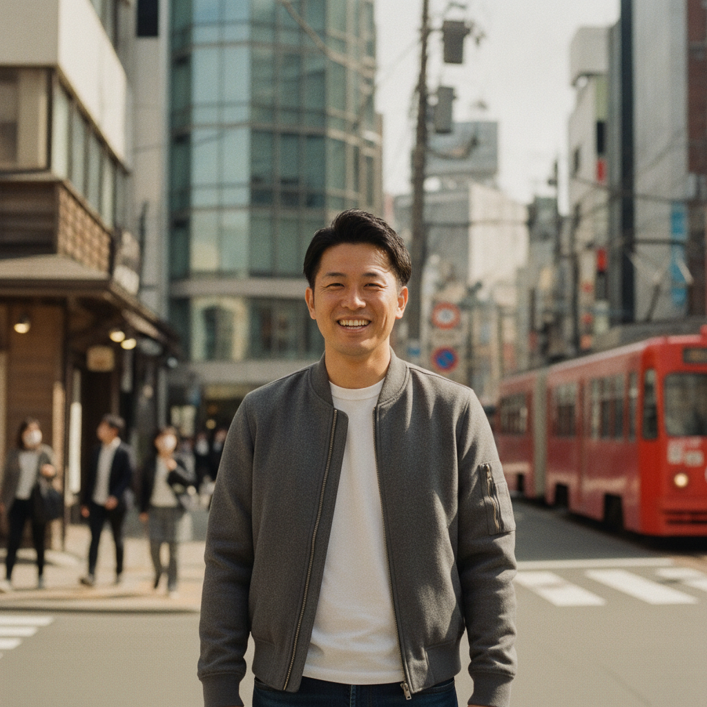 27歳・営業マン、街中で笑顔の男性