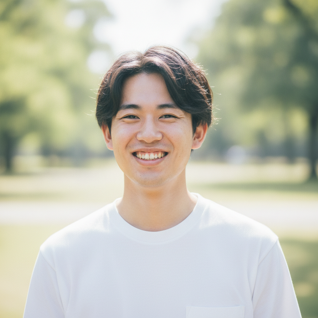 24歳・大学院生、公園で自然な笑顔の男性